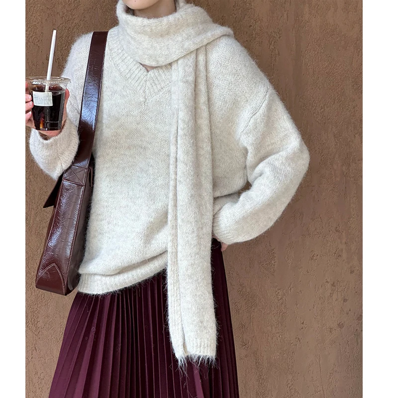 2024 Women Warm 11% Wool Blend Sweater With Scarf Long Sleeve Pullovers Clothes Tops For Women Sweater Pull Femme