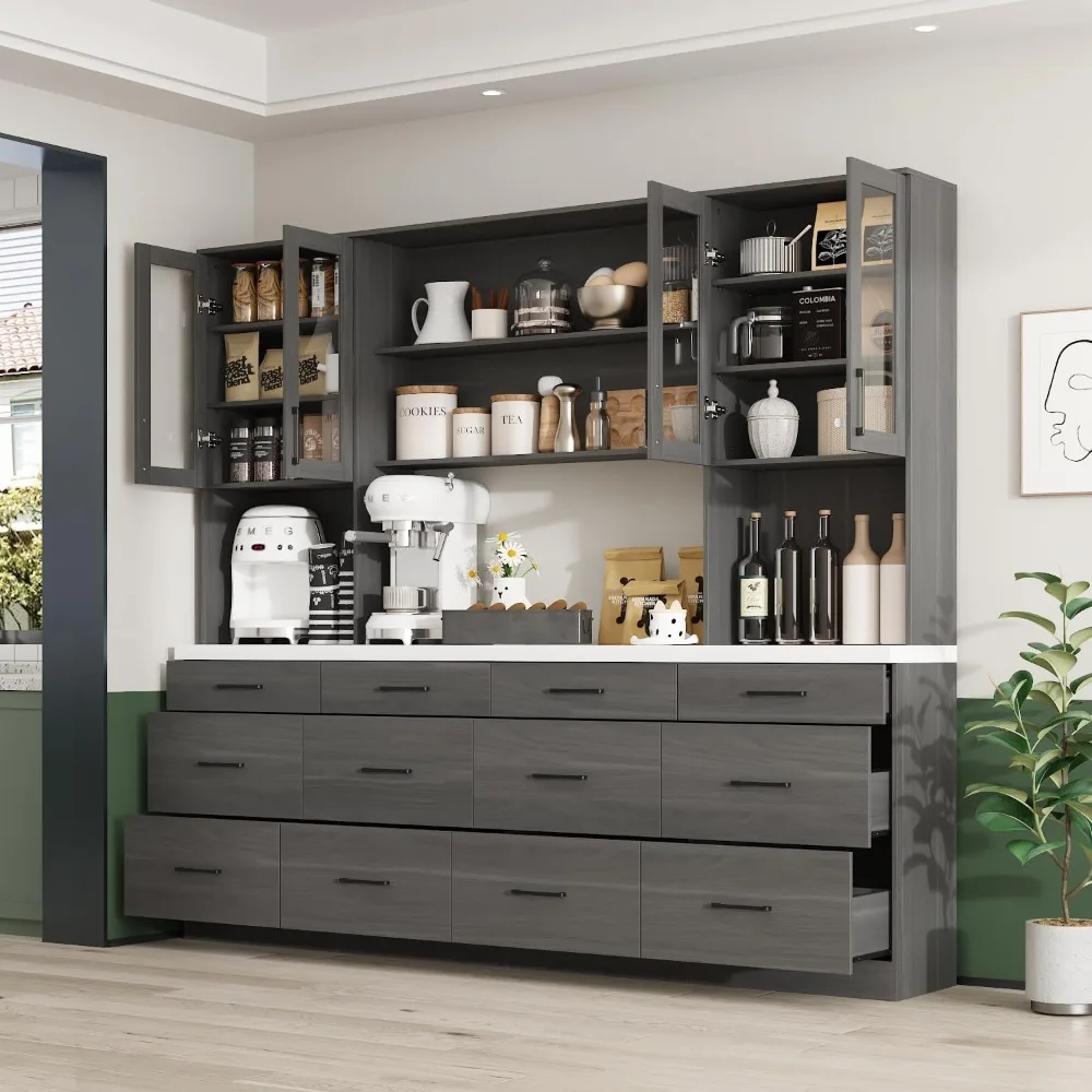 Kitchen Storage Room, 12 Drawers and 4 Glass Doors, Modern Wooden Cabinets and Storage Cabinets with 6 Hidden Shelves Furniture