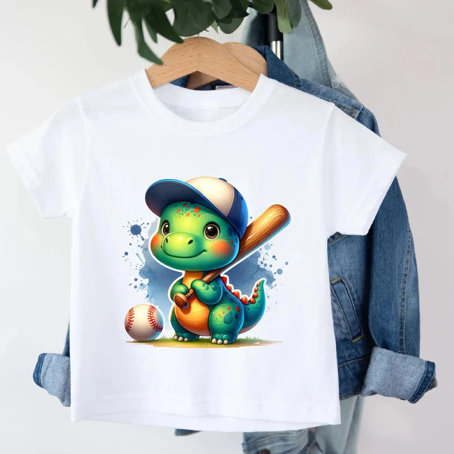 

Funny Dinosaurs Playing Baseball Printed Tshirt Girls/Boys Kawaii Kids Clothes Summer Short Sleeve T-Shirt Solid T Shirt