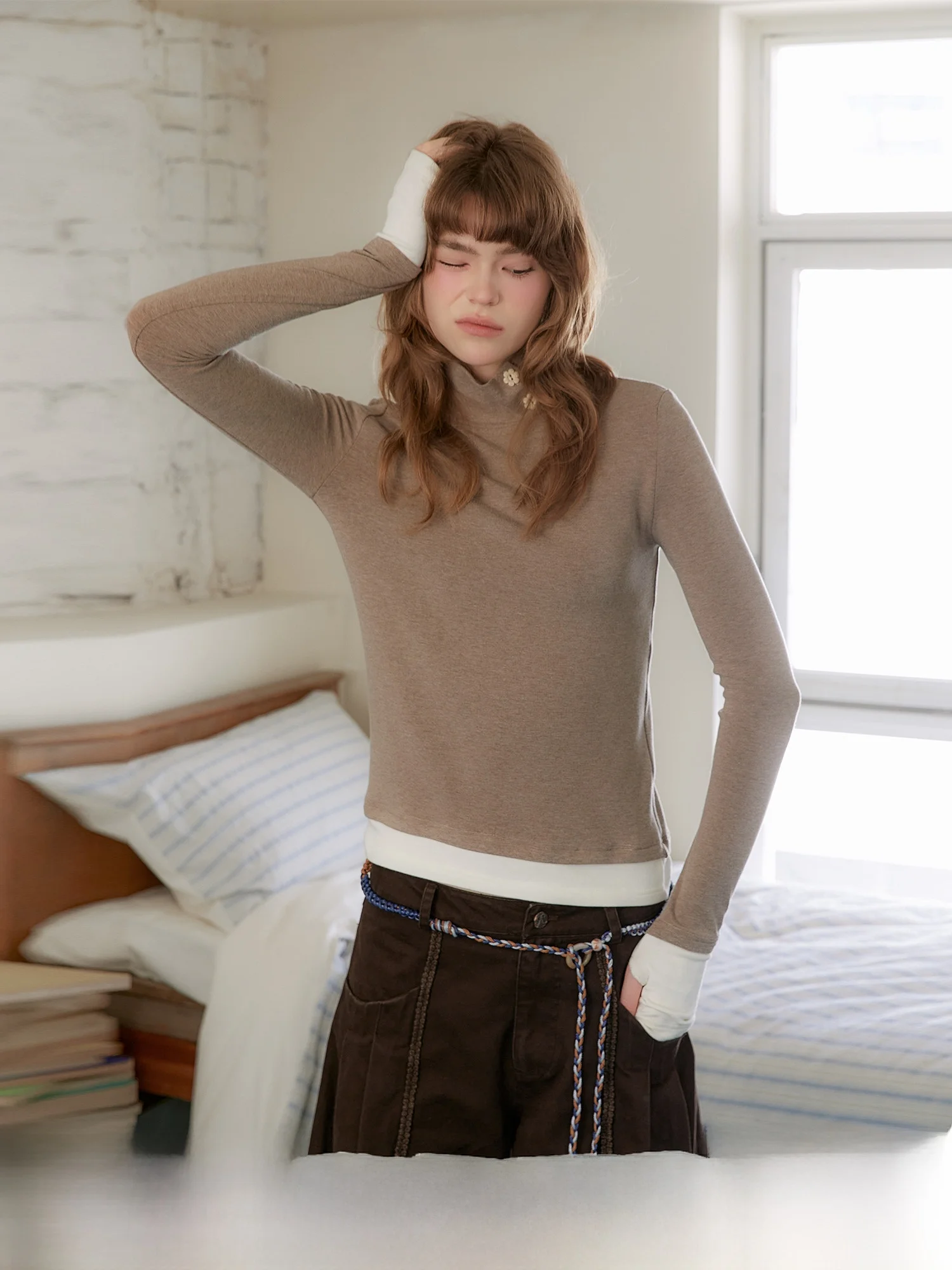 

Amweird Winter Warm Song Spliced Color High Collar Knitted Camere like Long Sve Women's Base T-irt Comfortable Fit