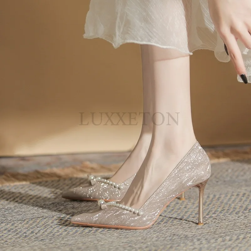 High Heels Thin Heels Crystal Dress Bridal Wedding Shoes Pointed Toe Shallow Mouth Pearl Single Shoes Solid Simple Colors