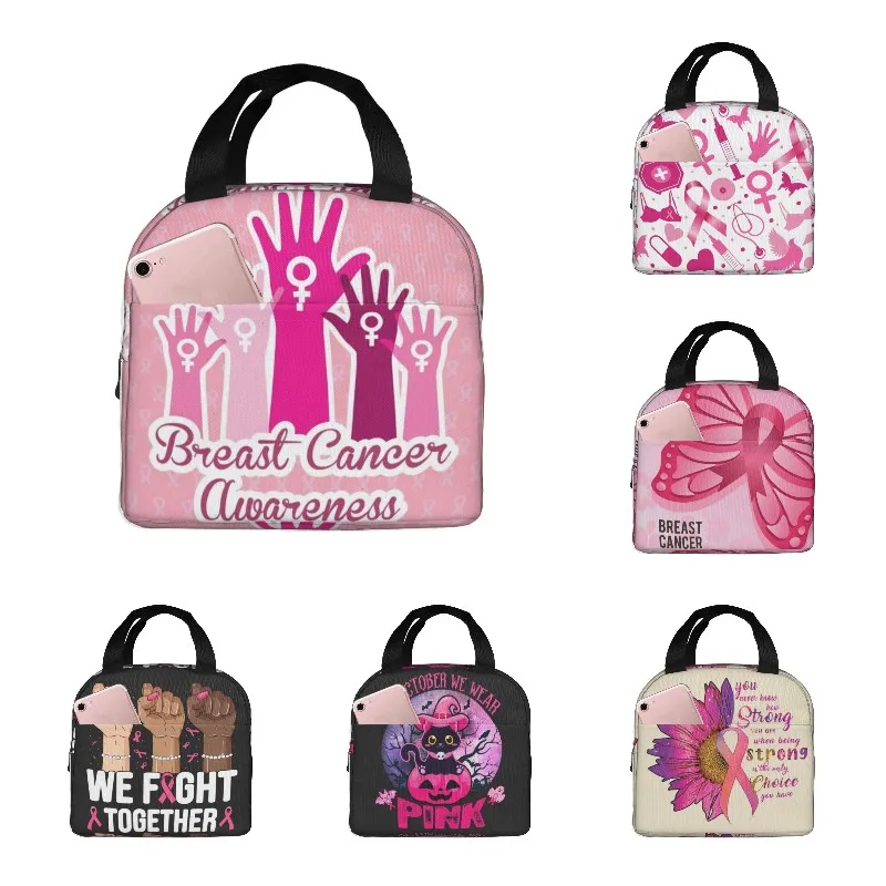 Pink Ribbon Breast Cancer Awareness Flag Insulated Lunch Bag Thermal Lunch Tote Box Handbag for Work Office Picnic Women Men