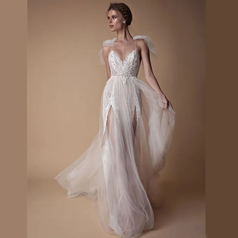 Boho Deep V-neck Wedding Dresses Sleveless 2024 Real Photo Backless Sexy Bohemain Robe De Mariee A-line Spaghetti Straps