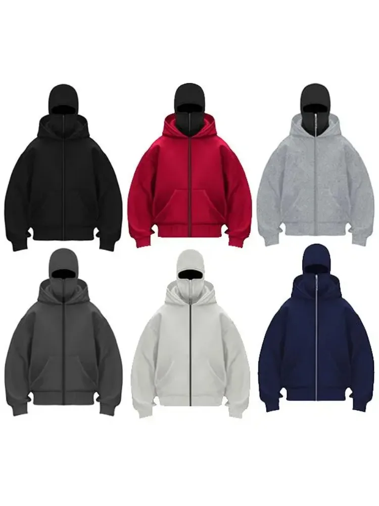 AliExpress NONE 2024 Autumn/Winter New Men Casual Sports Double Hat Face Mask Design Fashionable Loose Outdoor Cycling Windproof Warm Hoodie