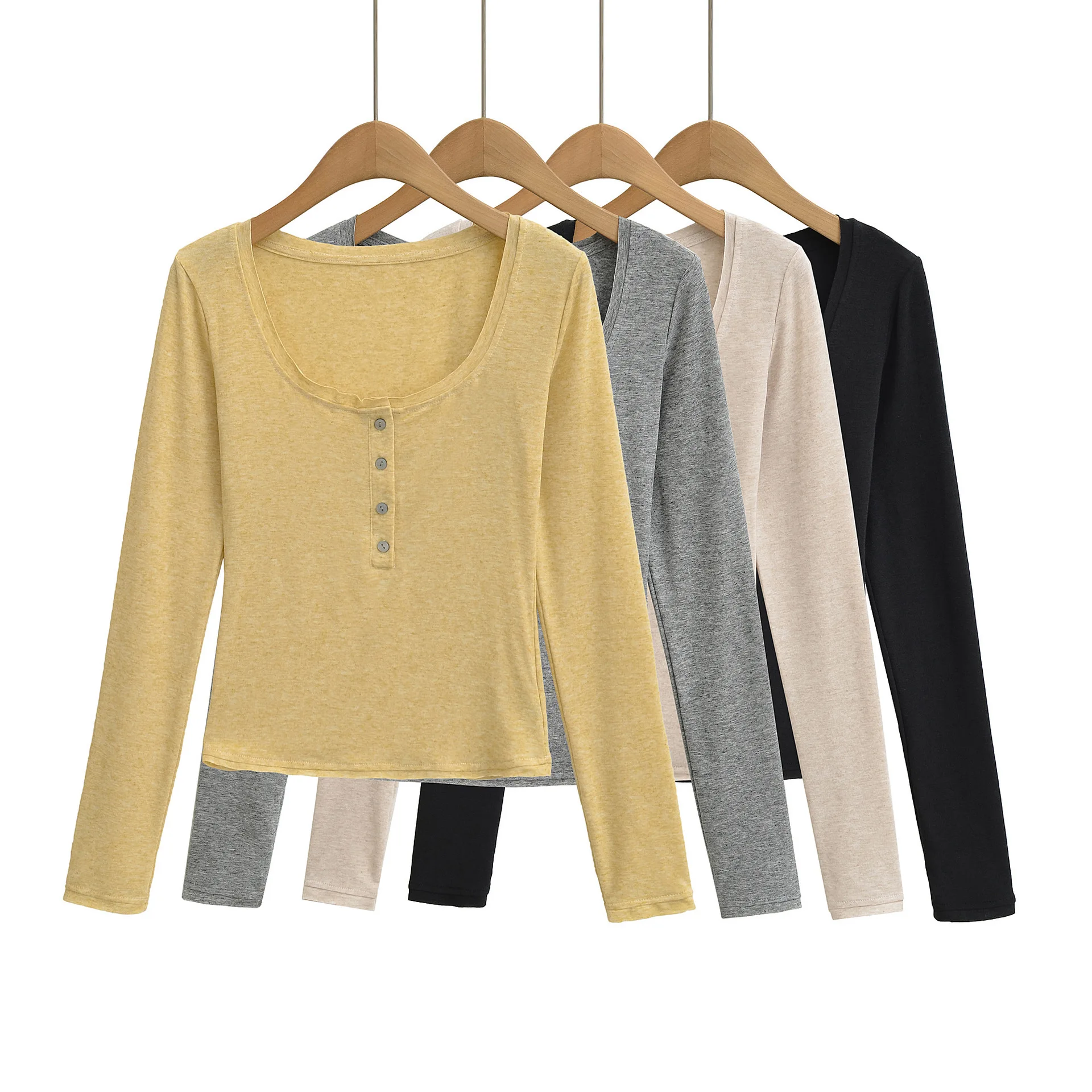 Pure Desire Style Sexy Linen Regular Shoulder Long Sleeved Top for Women Autumn Henry Collar Paper Piece Slim Fit T-Shirt N79L