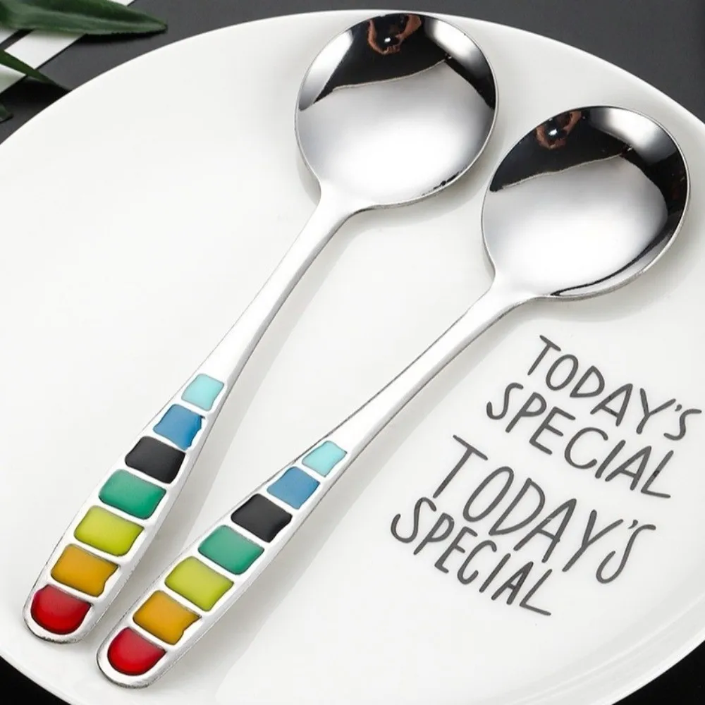 Durable Round Head Soup Spoon Long Handle Deepened Serving Spoon Colorful Stainless Steel Rust-Proof Spoon Catering