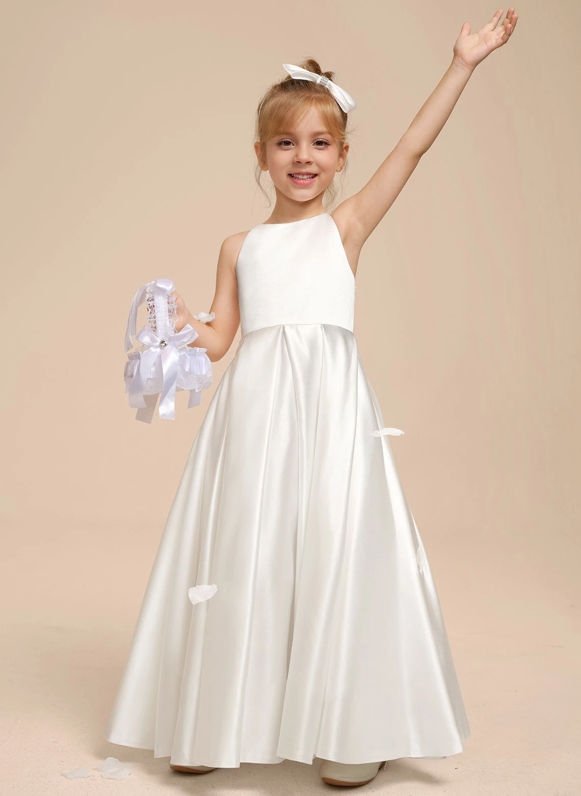 YZYmanualroom Vestido de menina flor de cetim com corte A até o chão e laço/personalizável