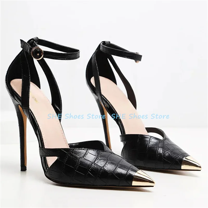 

Sexy Metal Pointed Toe HIgh Heel Women Sandals Ankle Buckle Strap Shallow Summer Pumps Wedding Dress GladiatorShoes