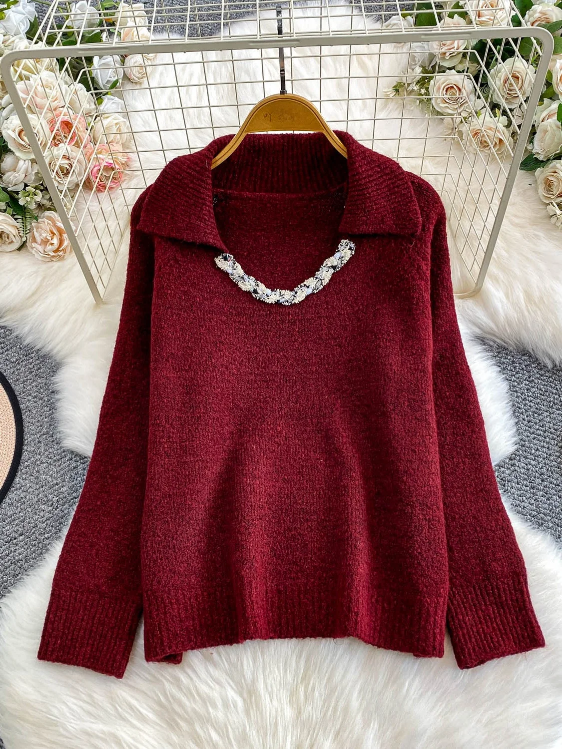 Chic Small Size Knitted V-Ne Top Women Loose Fit Winter Sweater Comfortable Breathable Casual Sle Long Sve Crew Ne