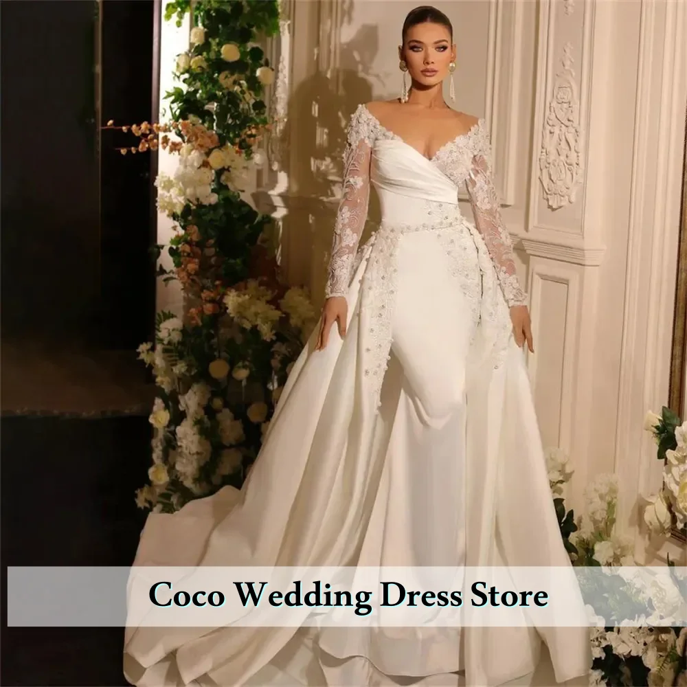 Vestido De Novia De sirena elegante y exquisito personalizado, vestido De Novia De encaje De cola desmontable De manga larga, Vestidos De Novia