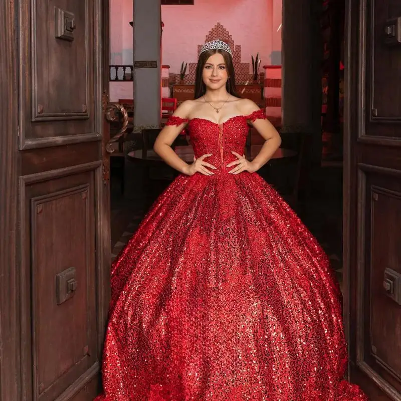 

Customized Red Glittering Sequined Quinceanera Dresses for Girls Court Train Off Shoulder 15 Anos Vestido Formal