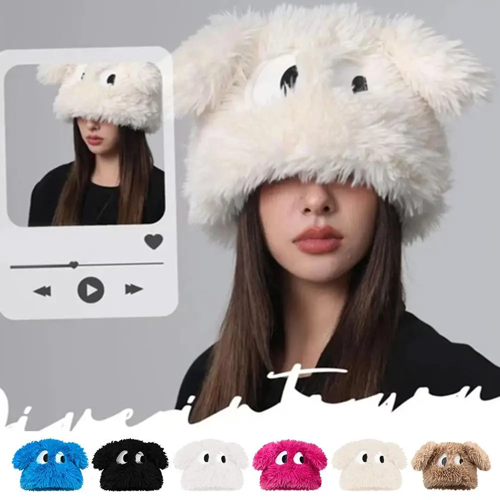 Kawaii Big Eyes Puppy Baotou Hat Women's Winter Warm Bucket Windproof Panama Hat Ears Warm Cap Plush Y2K Thickened R2S5