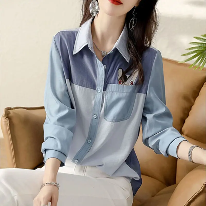 Office Lady Turn-down Collar Button Patchwork Pockets Spring Autumn Women\'s Clothing Fashion Straight Loose Long Sleeved Blouses