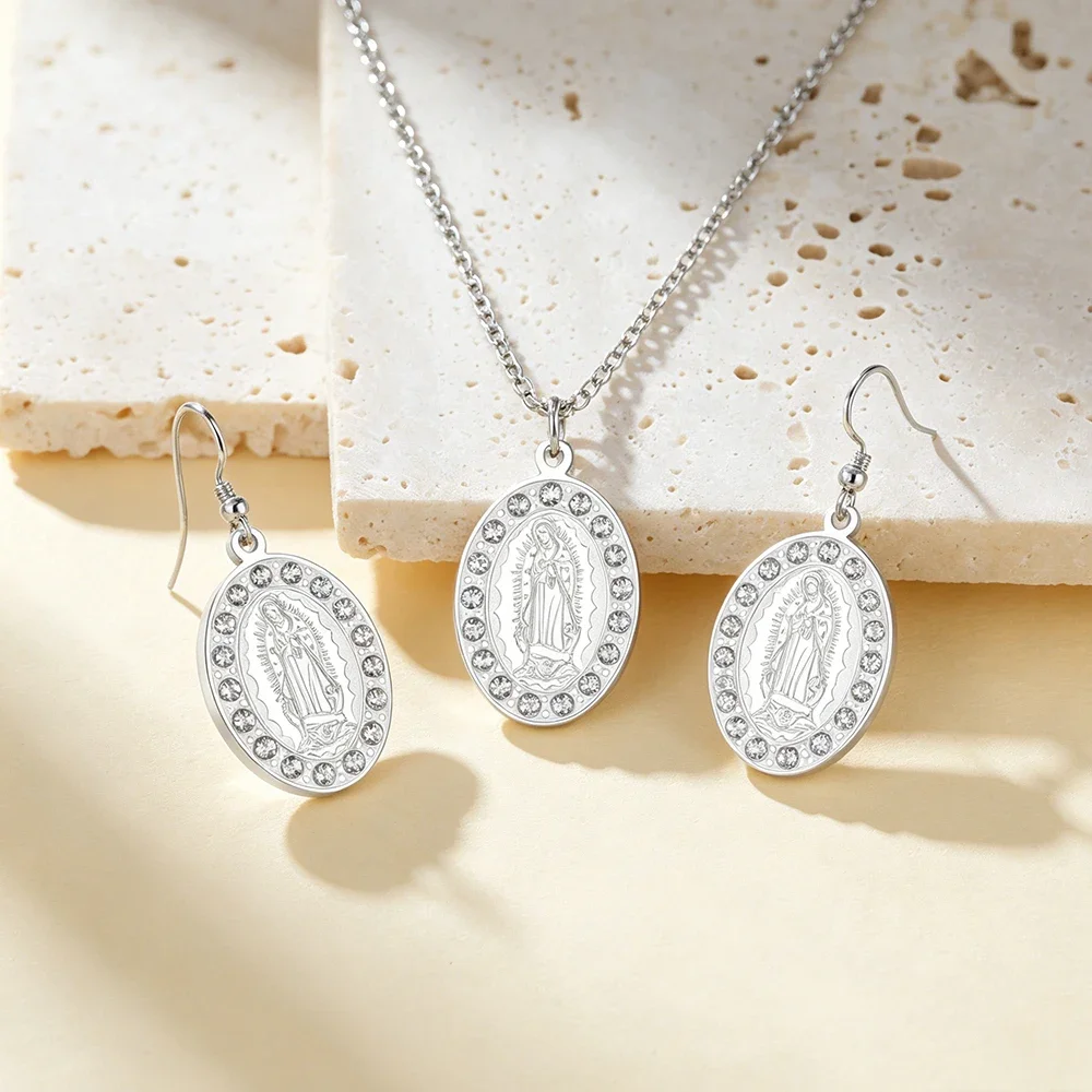 Skyrim Virgin Mary Clear Zircon Pendant Necklace Earring Women Stainless Steel Gold Color Religious Amulet Blessed Jewelry Set