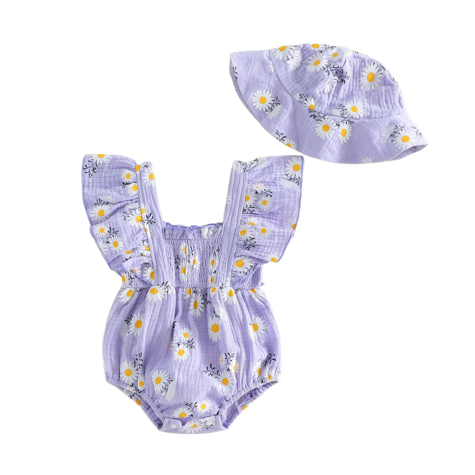 2Pcs Infant Baby Girl Outfit Flying Sleeve Square Neck Floral Print Smocked Romper and Hat Set 0-18M