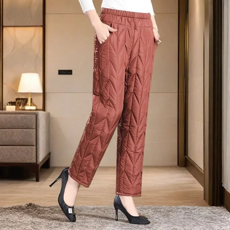 

2025 Light Down Pants Ladies New Loose Thick High Waist Straight Autumn Winter Trousers Women Elastic Waist Cotton-Padded Pants