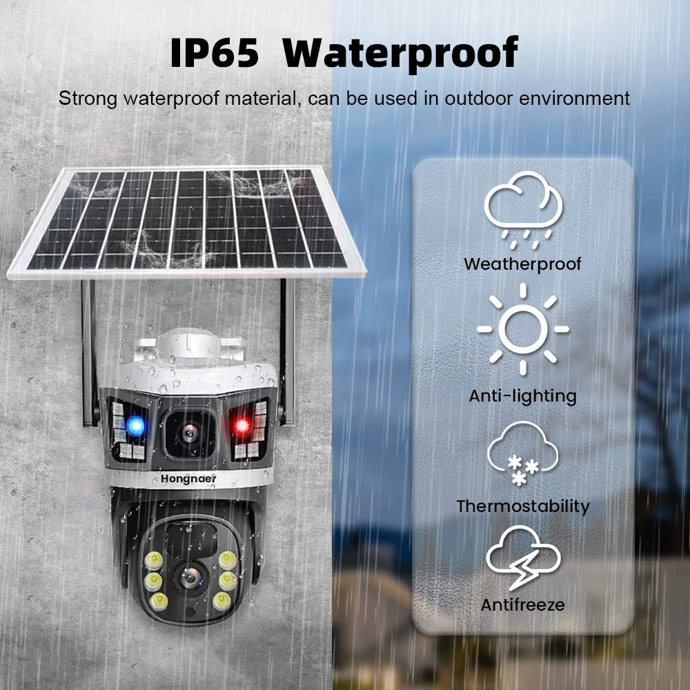 Hongnaer 8MP 4K V380 Pro عدسة مزدوجة لوحة طاقة شمسية ذكية تعمل بالطاقة اللاسلكية PTZ IP WiFi كاميرا CCTV خارجية تعمل بالطاقة الشمسية