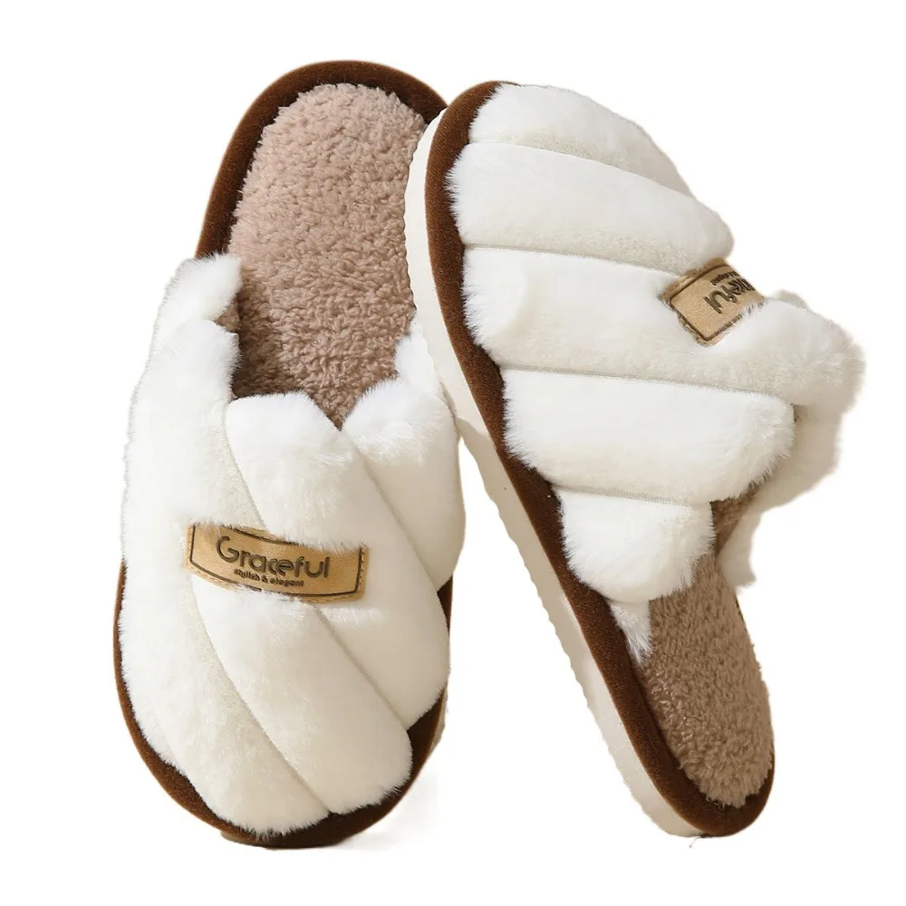 

Durable Stripe Plush Slippers Fluffy Thicken Warm Winter Indoor Slippers Non-Slip Homewear Shoes Soft Home Slippers Winter