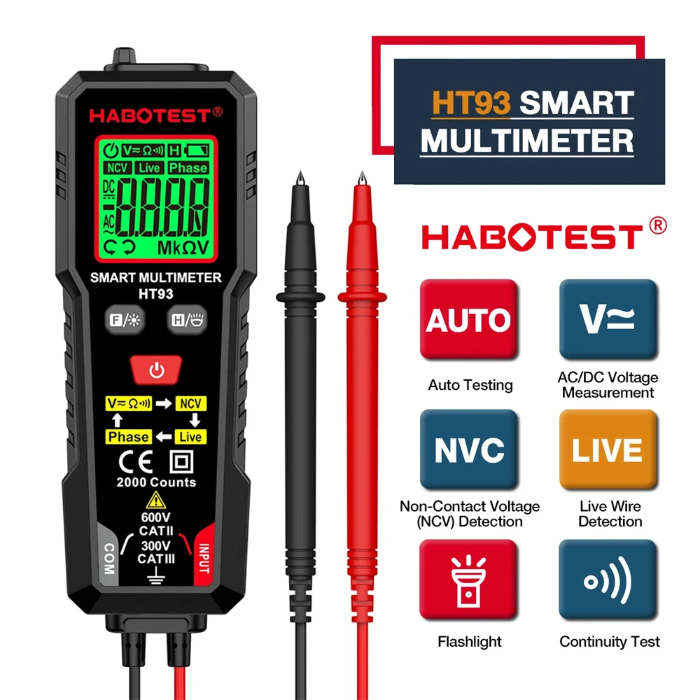 Multímetro Digital Inteligente HABOTEST HT93, Testador Elétrico de Tensão AC/DC, Resistência, NCV, True RMS, Medição de Continuidade de Fios Sob Tensão