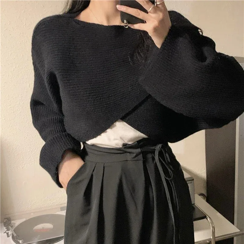 Autumn Knitted Cropped Sweater Y2K Tops Women Long Sleeve Pullovers Sweater Winter Cross Irregular Streetwear Sweater Pull 22933