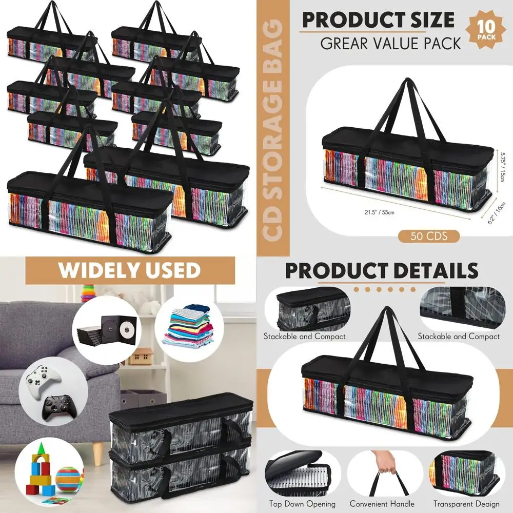 

10-Piece Transparent PVC CD/DVD Storage Bags with Handles, Zipper, and Water Resistance for Media Organization