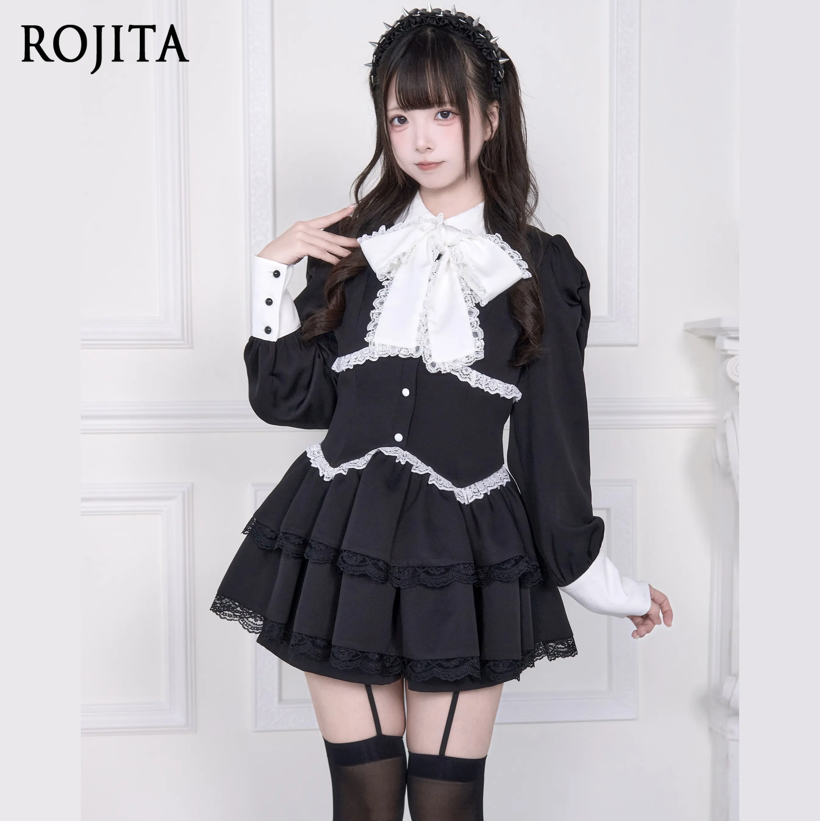 Gothic Sweet Black White Contrast Lolita Mini Dress White Lace Big Bow Puff Long Sleeve Tiered Lace Ruffle Short Dress
