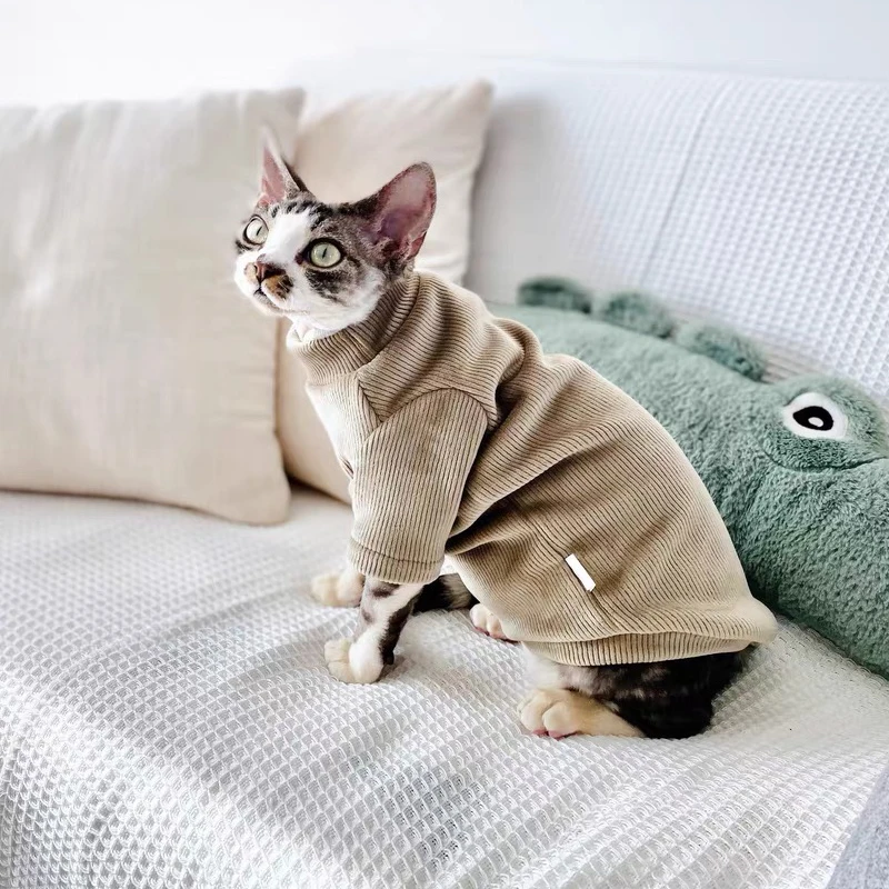 Camisa de café gruesa de cuello alto para gato, abrigo a rayas suave y cálido para invierno, mono abissiniano para gato Sphynx, otoño y primavera