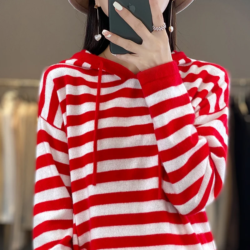 مخطط هوديي المرأة 100% ميرينو رداء علوي من الصوف الخريف والشتاء موضة محبوك مخطط هوديي سميكة الدافئة الملابس النسائية