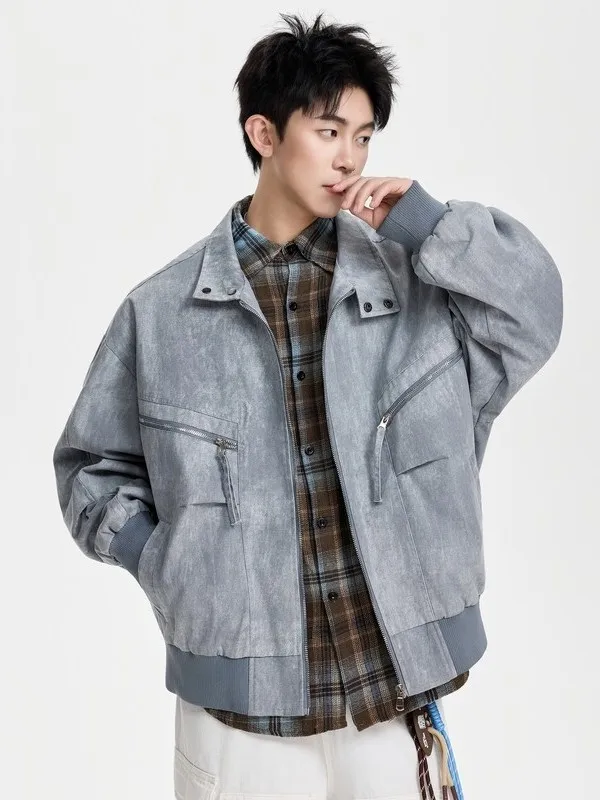 

Retro Washed Denim Jacket Loose Fit Turn-down Collar Workwear Style Spring High Street Short Length Handsome Men's Top