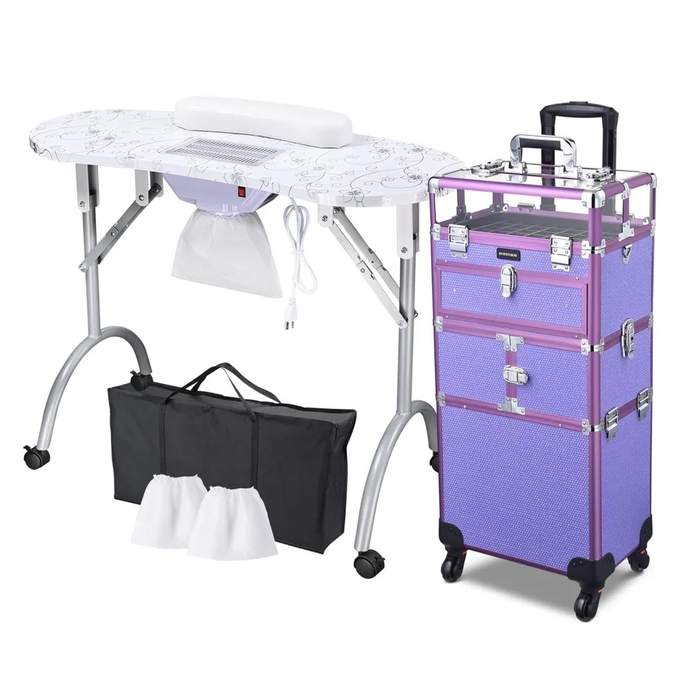 Portable Rolling Manicure Table Nail Polish Organizer Cosmetology Case on Wheels 2in1 Rolling Makeup Train Case with Drawer