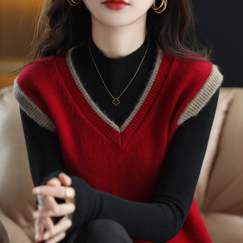 

Fashion 100% Merino Wool V-Neck Trendy Fashion Vest Sweater Pullover Solid Color Sleeveless Cashmere Casual Soft Clothing Top