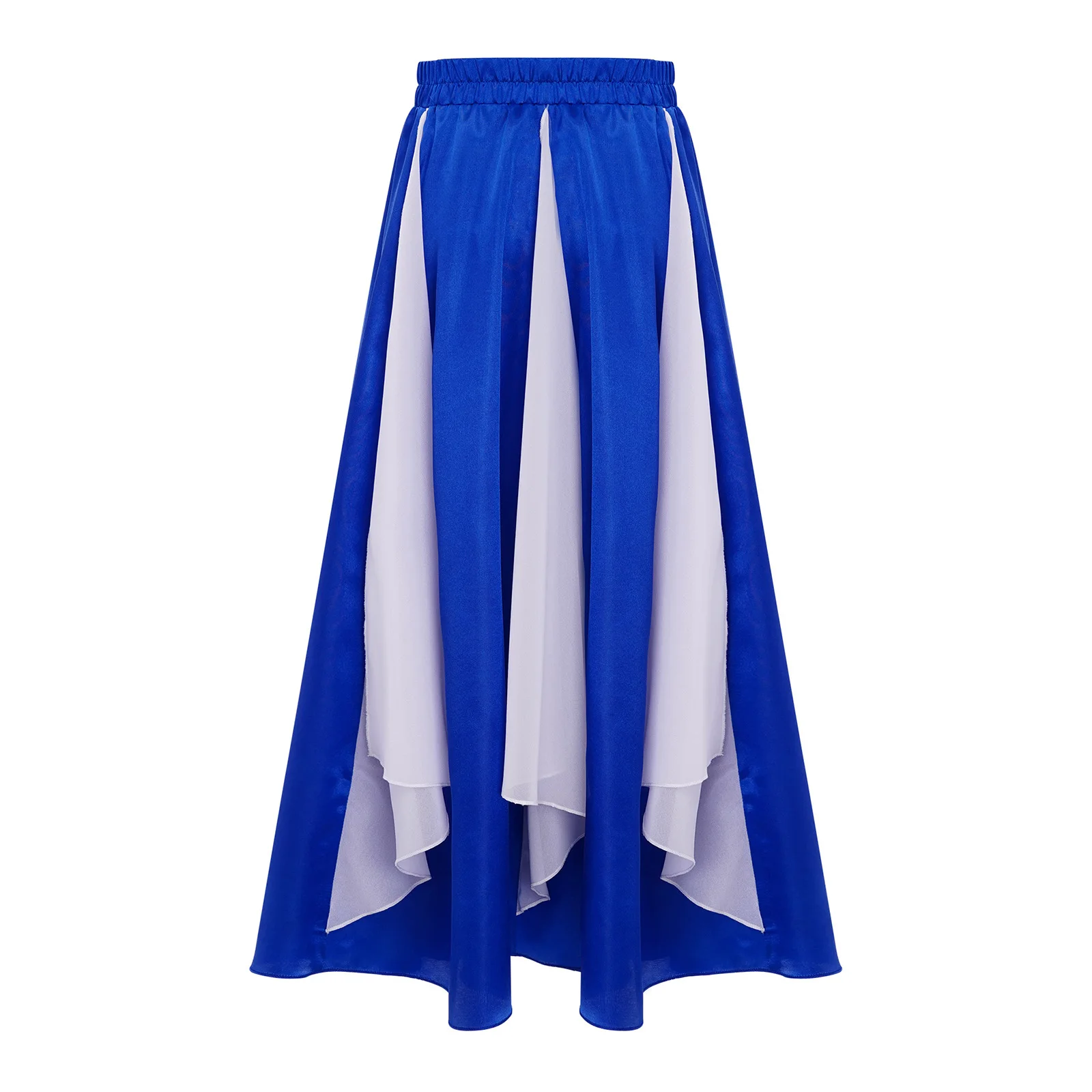

Kids Girls Flamenco Praise Dance Skirts Worship Stage Performance Costume Color Block Wide Hemline Chiffon Panel Satin Skirt