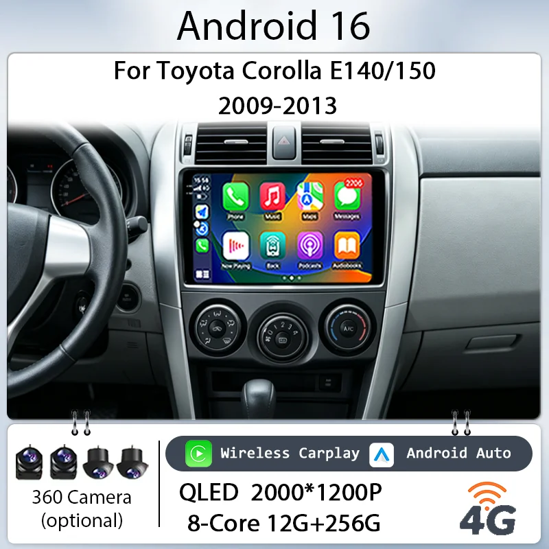

for Toyota Corolla E140/150 2009-2013 Car Stereo 9" Android 16 Wireless CarPlay GPS Navi Bluetooth WiFi DSP IPS HD Touch Screen