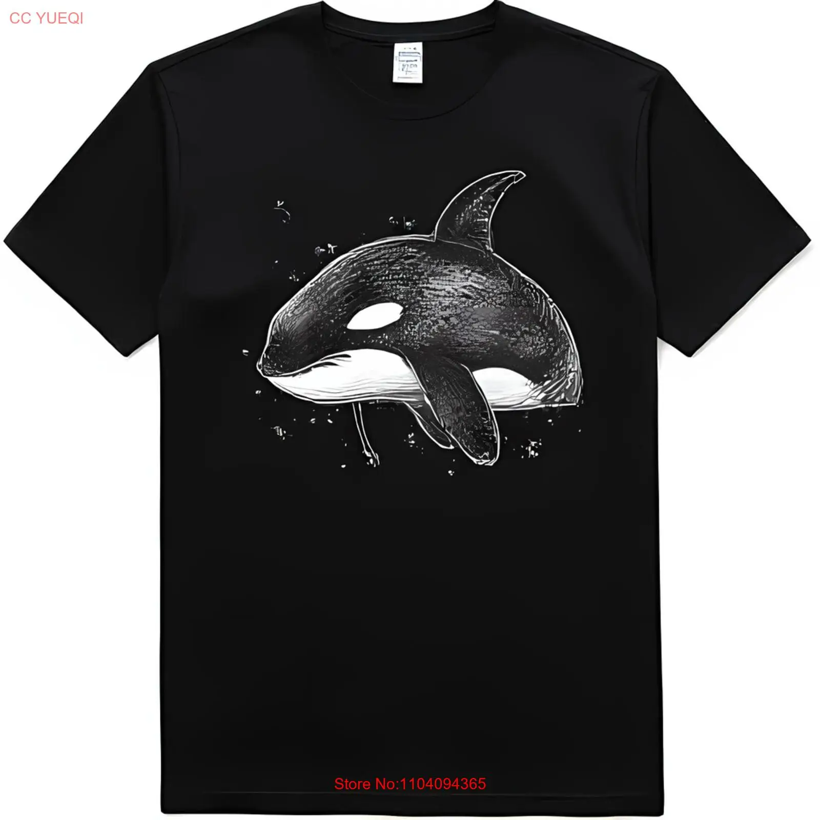 Stylish Black T-Shirt with Whimsical White Outline Orca Whale Graphic