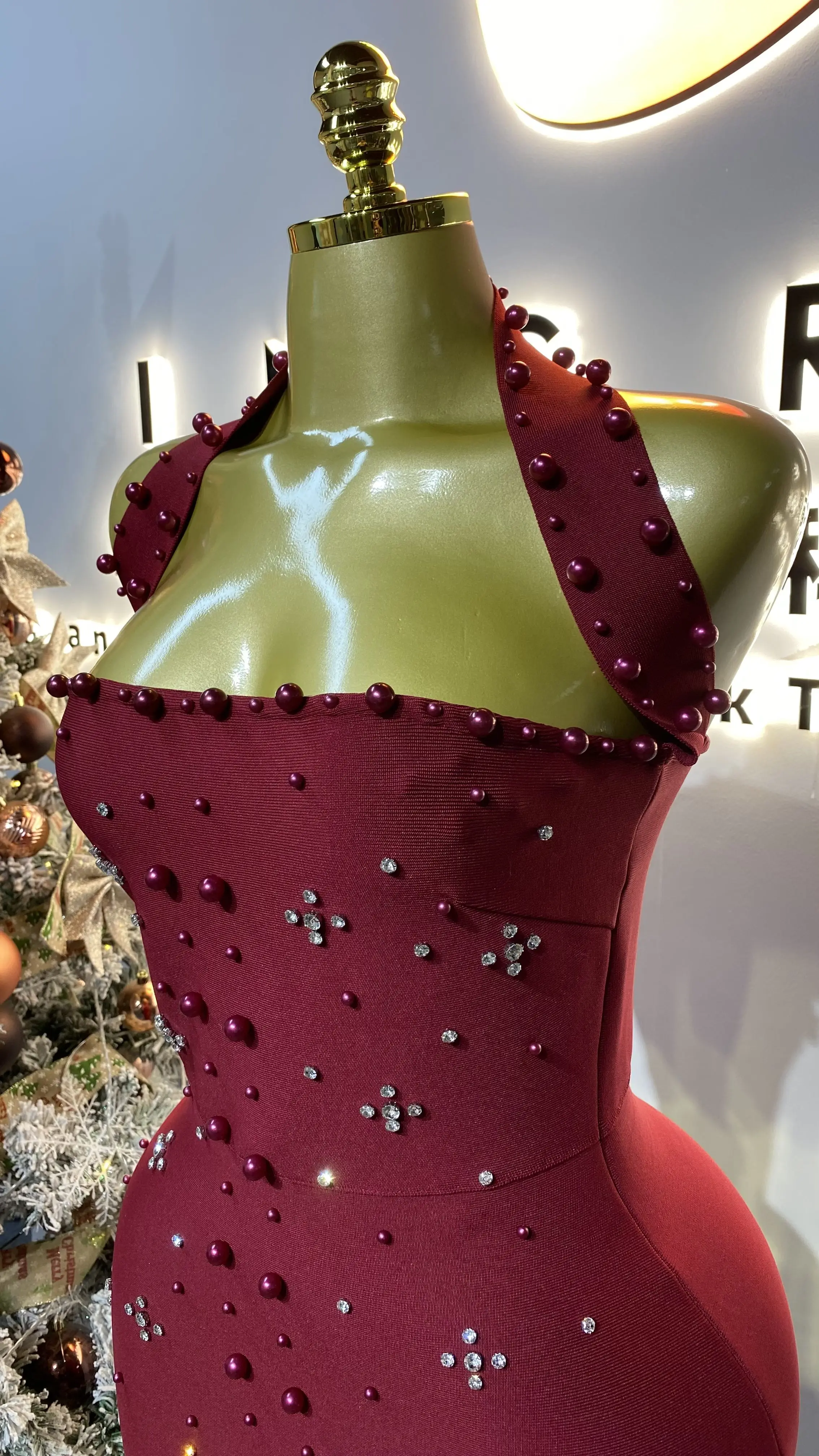 Vestido maxi feminino de luxo, sem mangas, diamante, pérola, bandagem, costas nuas, sexy e slim fit, vestido de festa-GZXX399