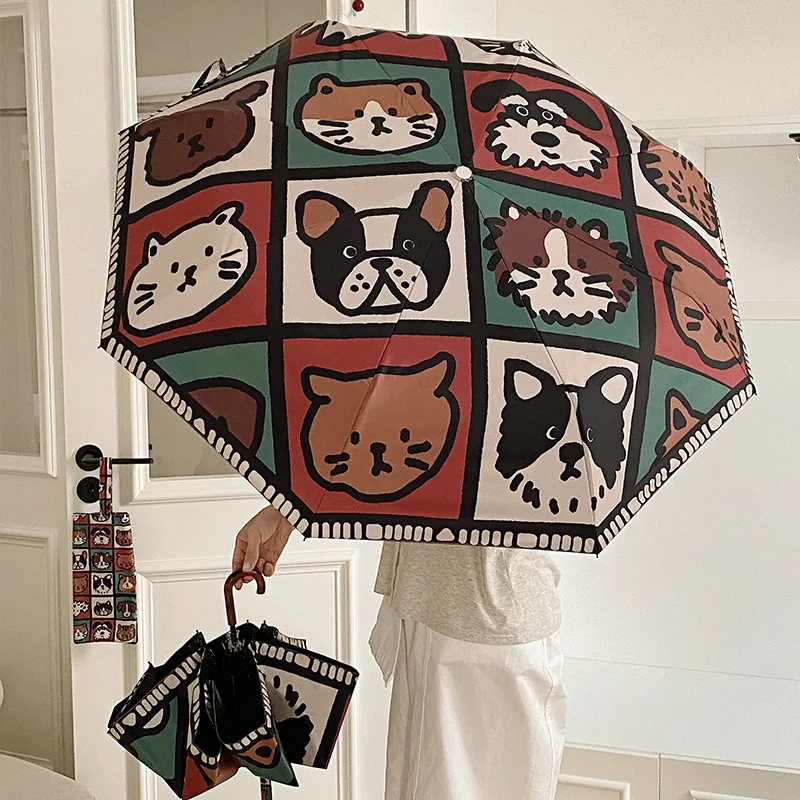 

1 шт. Новый складной зонт-головоломка, милый, черный, с резиновым покрытием, портативный, для защиты от солнца и дождя, двойного назначения