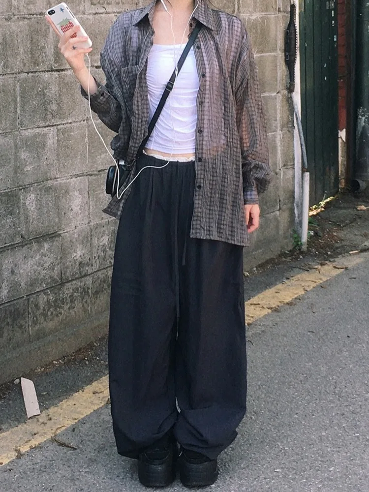 

Korean Style Casual Pants Women's Elastic Waist Wide Leg Thin Model Fashionable Long Trousers Simple Splicing Design Daily Wear