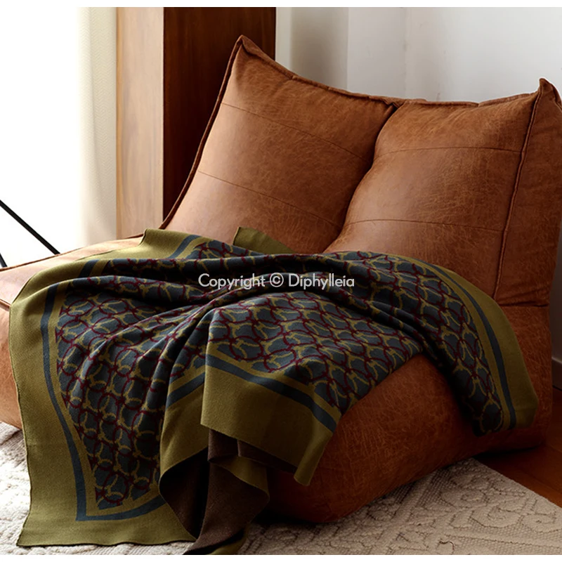Diphylleia Modern Retro Stunning Knitted Throw Blanket Designer Geometric Pattern Decorative Sofa Cover Bed Scarf Olive Green