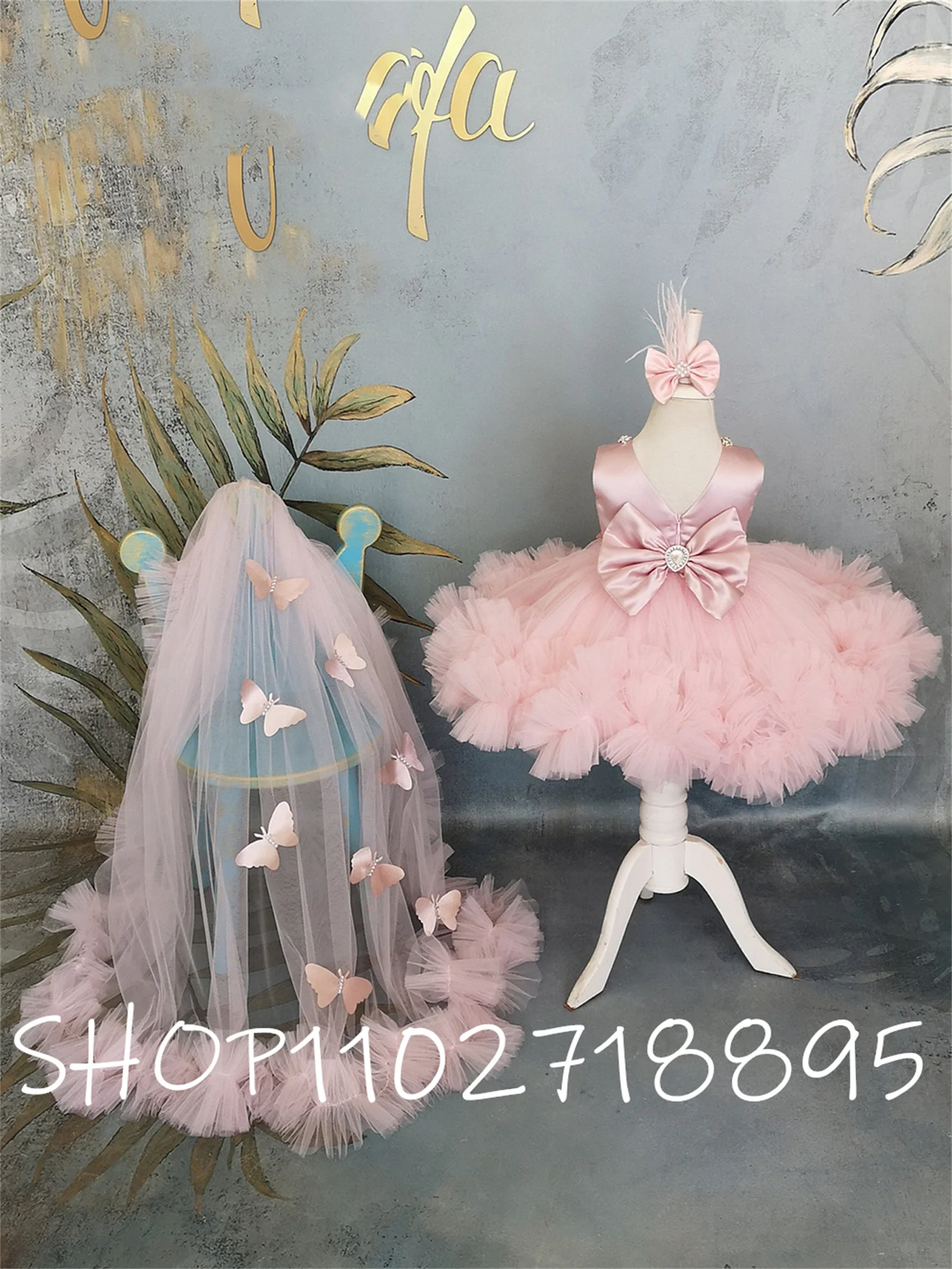 Vestido Puffy rosa com trem para menina, Vestido de florista com arco, Vestidos de aniversário infantil bonito, Primeira comunhão