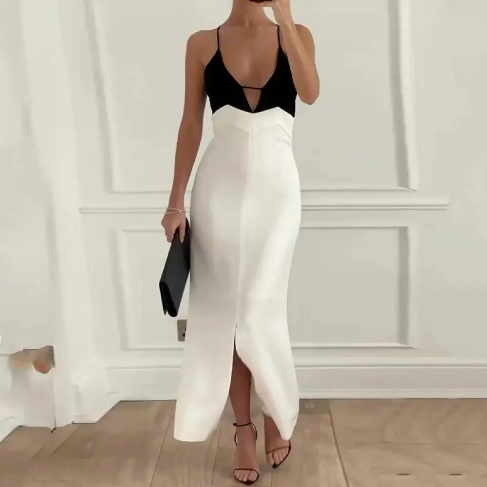 

Women Spaghetti Strap Maxi Dress Elegant Black White Spliced Slit Strap Dress Sexy Backless Strappy Hip-Hugging Slit Dress