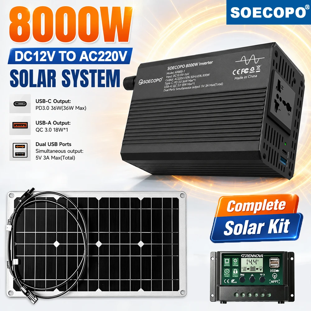 Instant Power 8000W Peak Solar Power System Kit with 1000W Solar Panel MPPT Controller & Stable Charge Inverter DC12V-AC220V Car