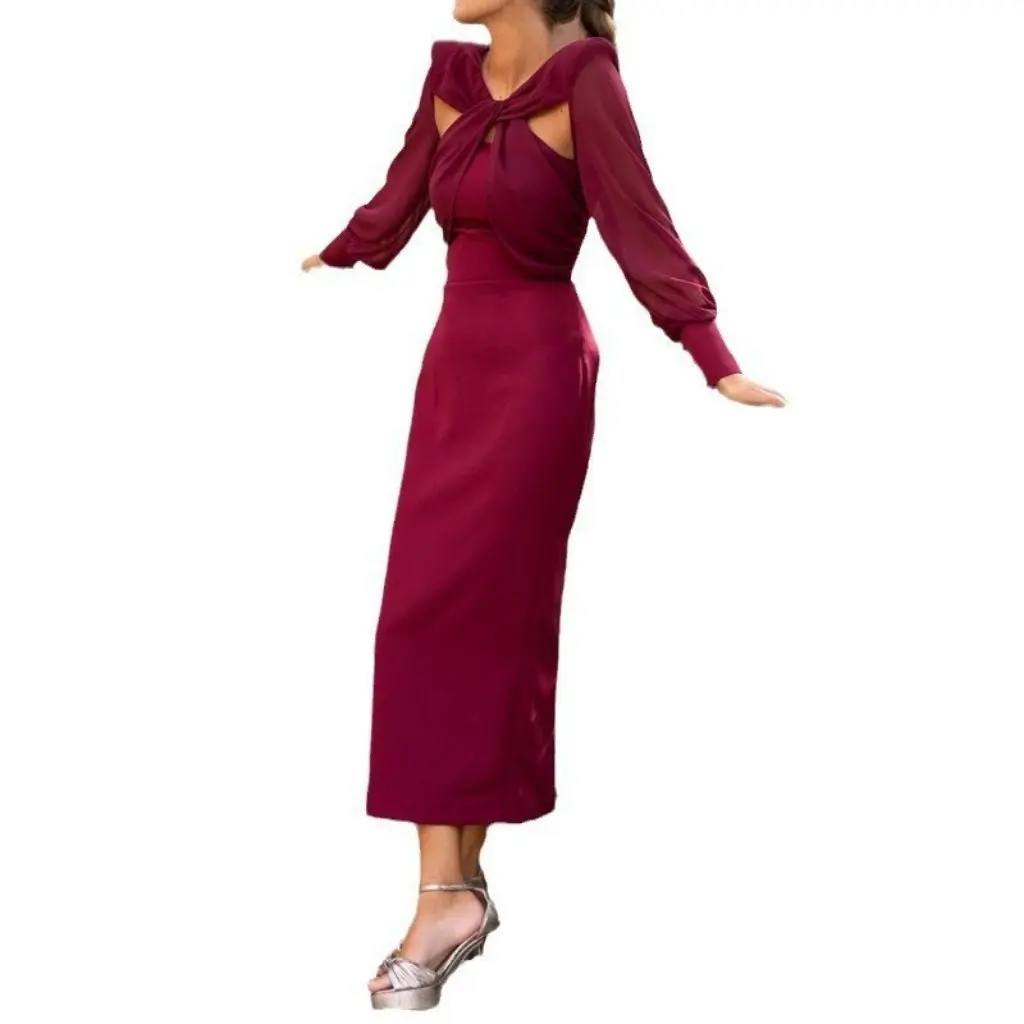 Elegante damesjurk met gedraaide holle chiffonmouwen, halflange avondjurk in Europese en Amerikaanse stijl