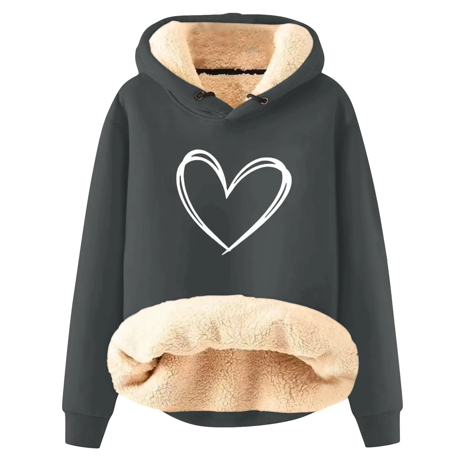 Winter Heart Print Hoodies Fleece-lined Thicken Women\'s Warm Sweatshirt Lady Casual Loose Hooded Pullover Warm Hoodie Tops