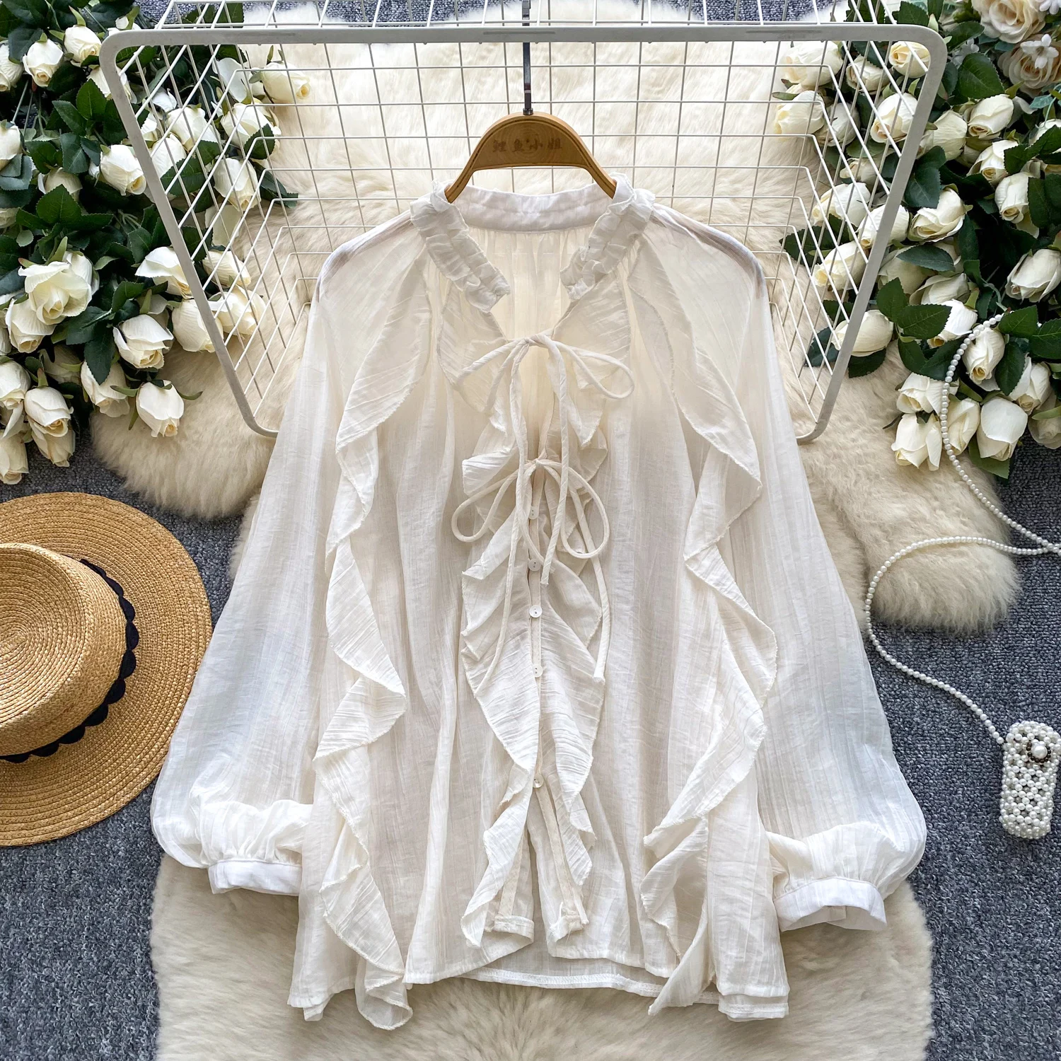 

Vintage Elegant ruffle V-neck loose Blouse Fashion Shirt Chic Top Fairy autumn women clothing
