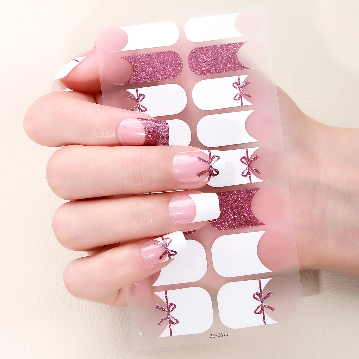 16Tips French Nail Stickers Bowknot Nail Polish Stickers Sparkling Glitter Self Adhesive Nail Art DIY Decals Manicure Decoration
