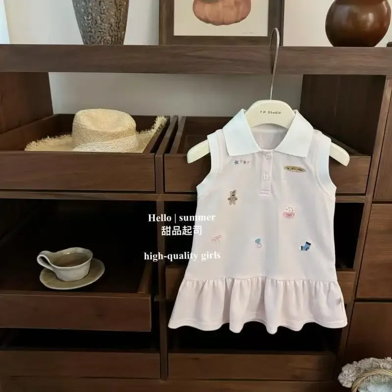 

Baby Girl Korean Style Cartoon Embroidery Polo Collar Vest Dress Cute 2026 New Summer Children's Clothing