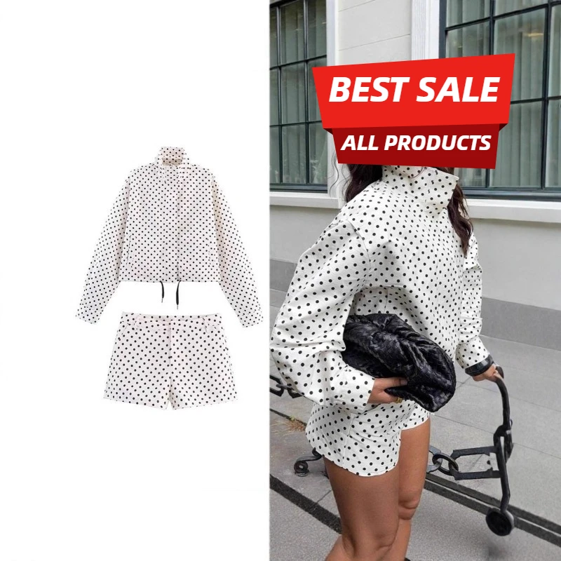Buitenlandse Handel Europese en Amerikaanse Dameskleding Nieuwe Lente en Zomer Polka Dot Lange mouwen Jas Polka Dot Shorts Set