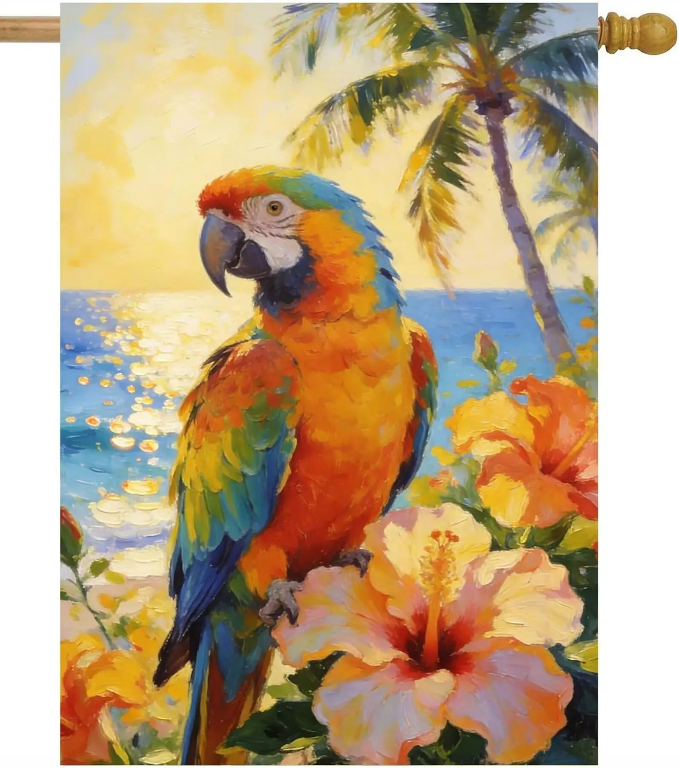 Oil Painting Summer Seaside Parrot Floral Flowers Palm Trees House Flag 28