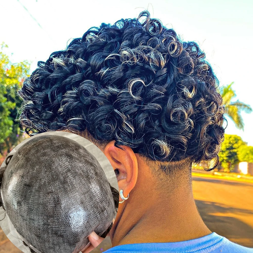 

1B10 1B50 Black Grey Men Toupee Invisible Transparent Durable Thin Skin 20mm Curly Human Hair Wig Microskin Capillary Prosthesis