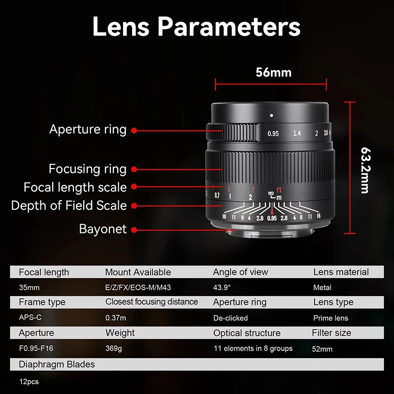 7 Artisans MF35mm F0.95 APS-C عدسة الكاميرا فتحة كبيرة صورة عدسة النار لنيكون Z Z5 سوني E ZVE10 A6000 M4/3 فوجي FX X-T1